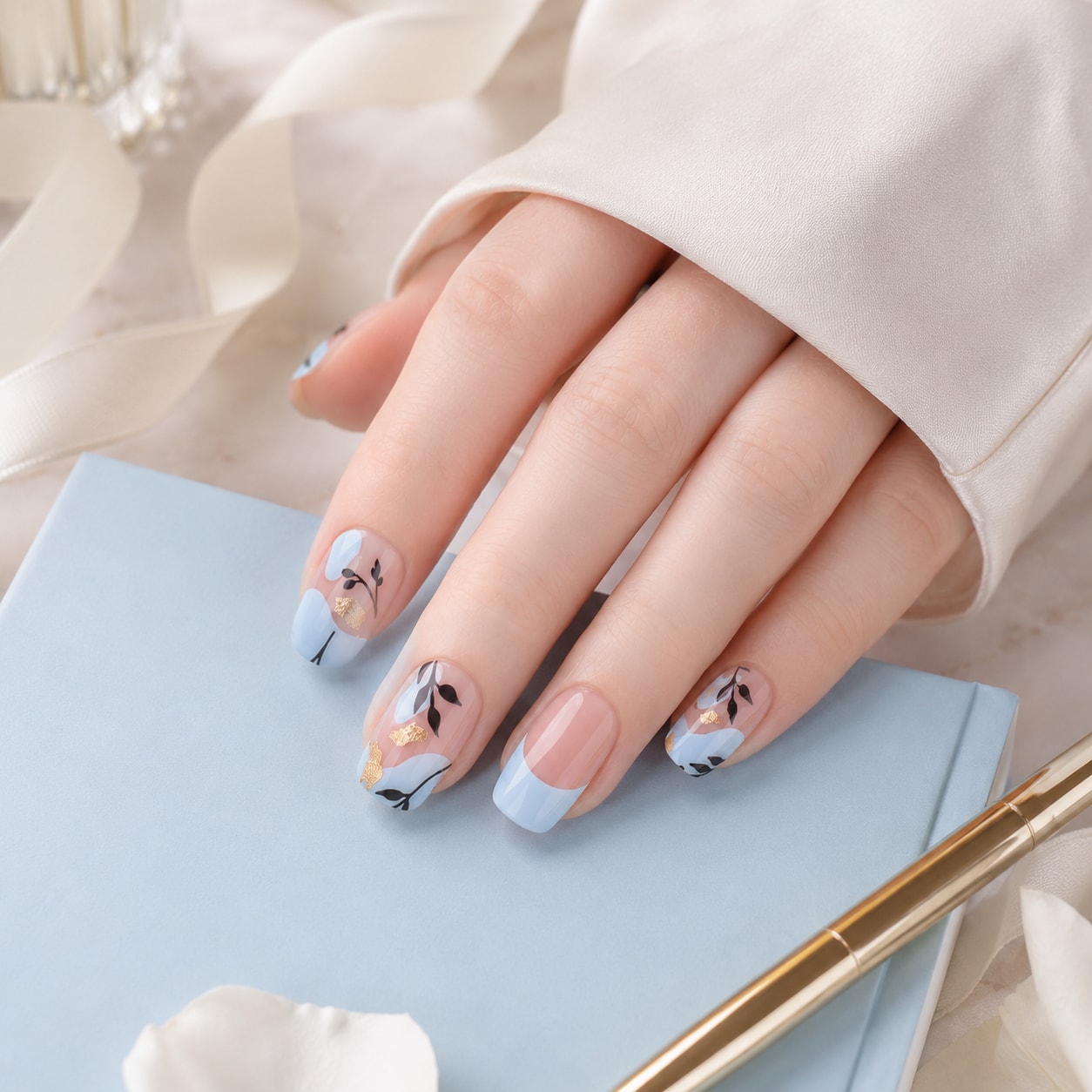 Sky Blue Butterfly Garden Semi-Cured Gel Nail Strips - Wessiny product image 4