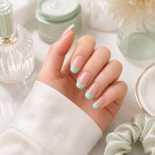 Mint Green French Tip Semi-Cured Gel Nail Strips - Wessiny product image 2