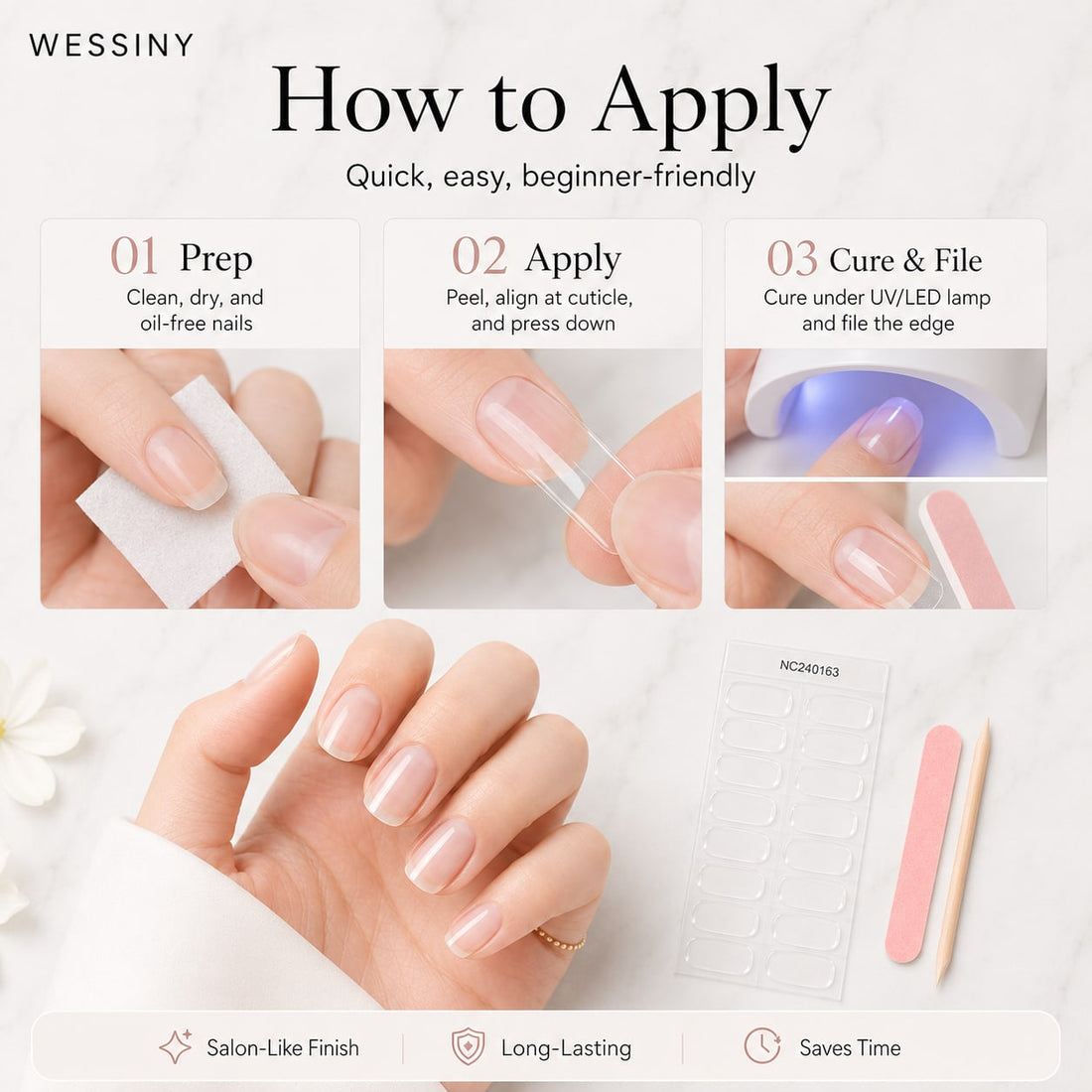 How to apply Wessiny semi-cured gel nail strips at home