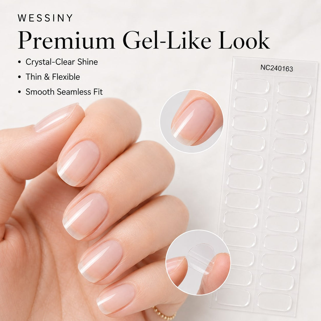 Wessiny crystal clear natural gloss semi-cured gel nail strips with a flexible fit