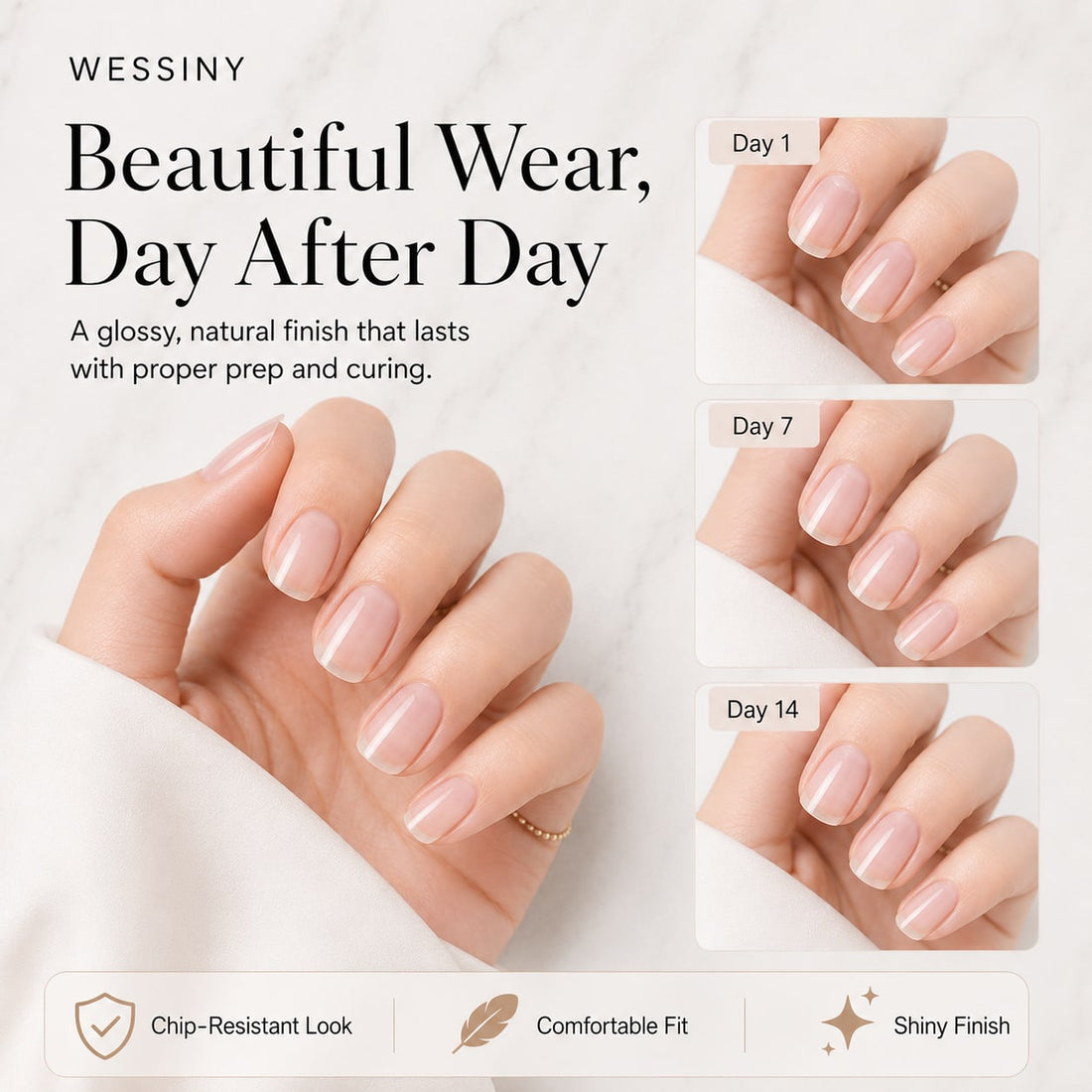 Wessiny semi-cured gel nail strips with glossy wear from day 1 to day 14