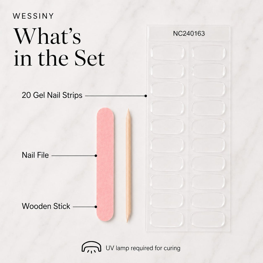 Wessiny semi-cured gel nail strip set with unused strips and manicure tools