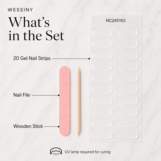 Wessiny semi-cured gel nail strip set with unused strips and manicure tools