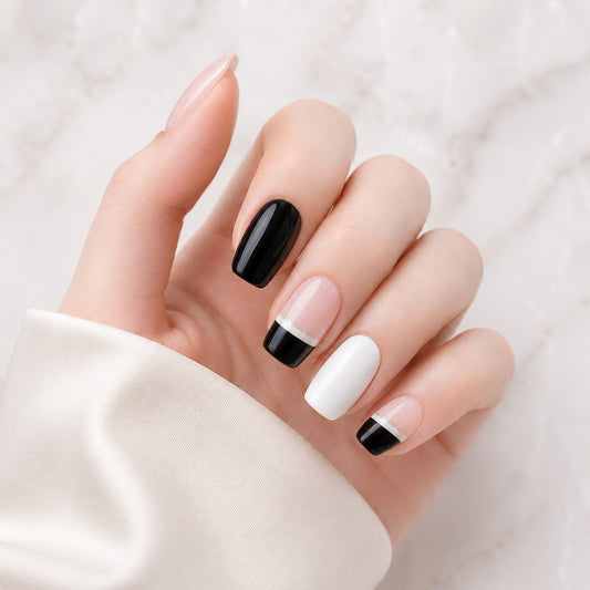 Black and White Modern French Semi-Cured Gel Nail Strips - Wessiny product image 1
