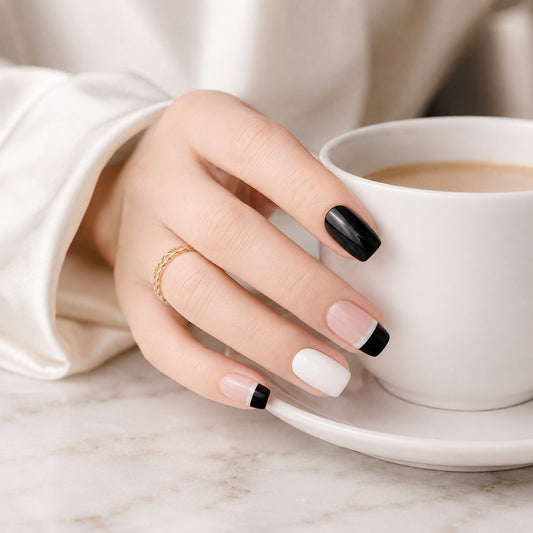 Black and White Modern French Semi-Cured Gel Nail Strips - Wessiny product image 2