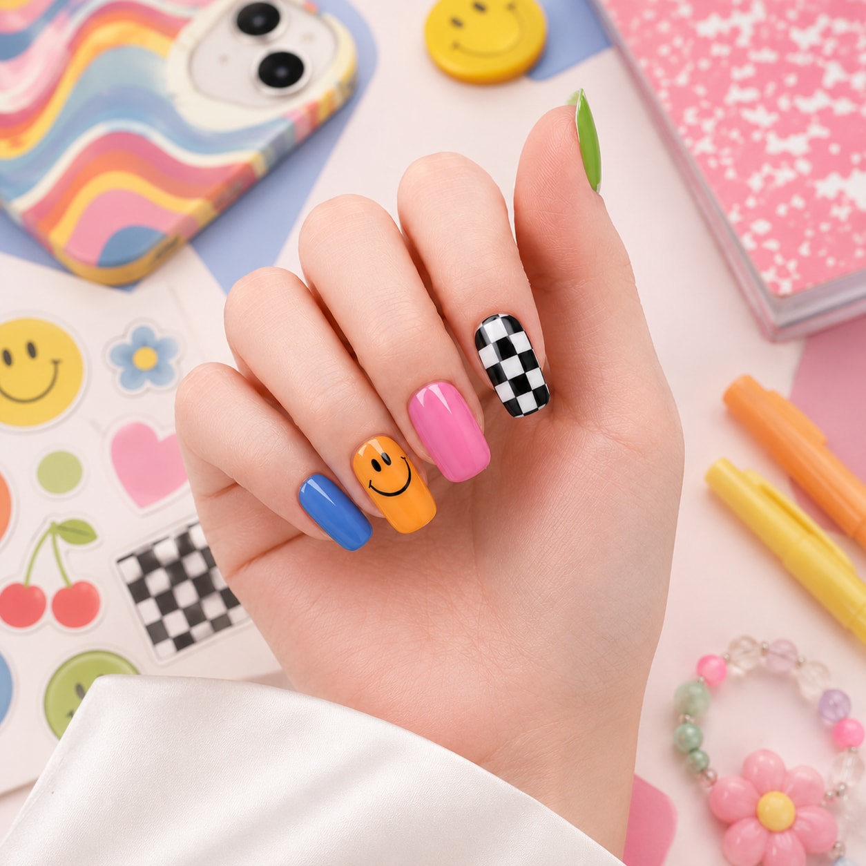 Playful Color Pop Checker Semi-Cured Gel Nail Strips - Wessiny product image 4