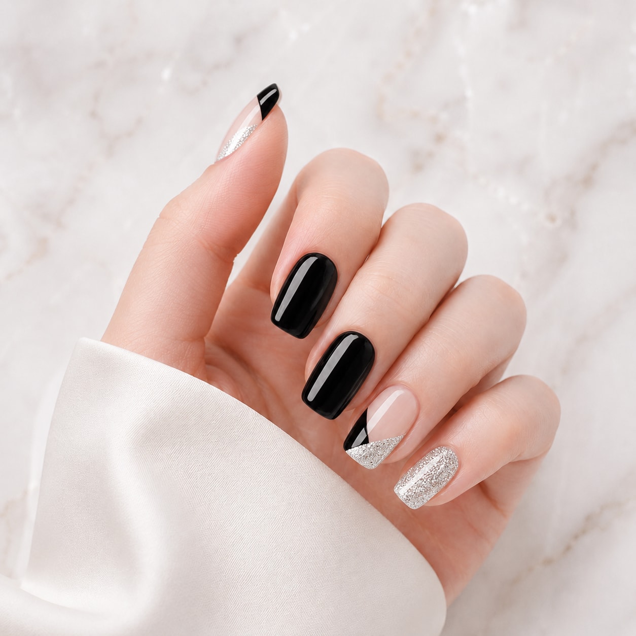 Black Silver Glitter Accent Semi-Cured Gel Nail Strips - Wessiny product image 1