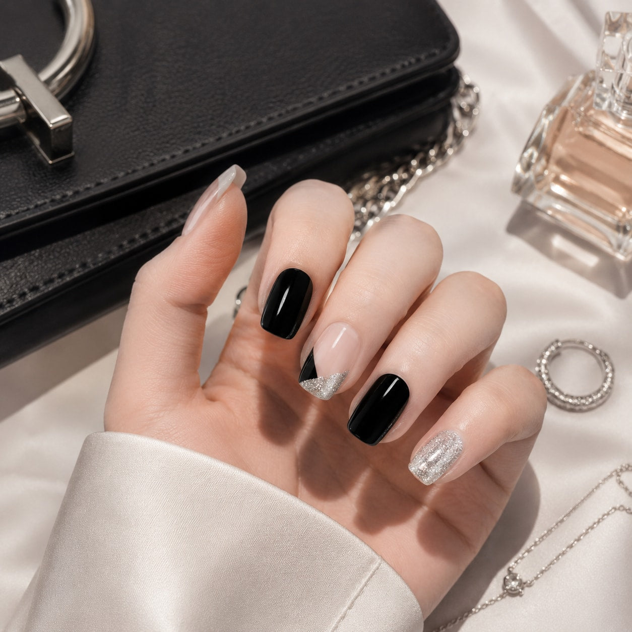 Black Silver Glitter Accent Semi-Cured Gel Nail Strips - Wessiny product image 3