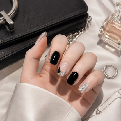 Black Silver Glitter Accent Semi-Cured Gel Nail Strips - Wessiny product image 3