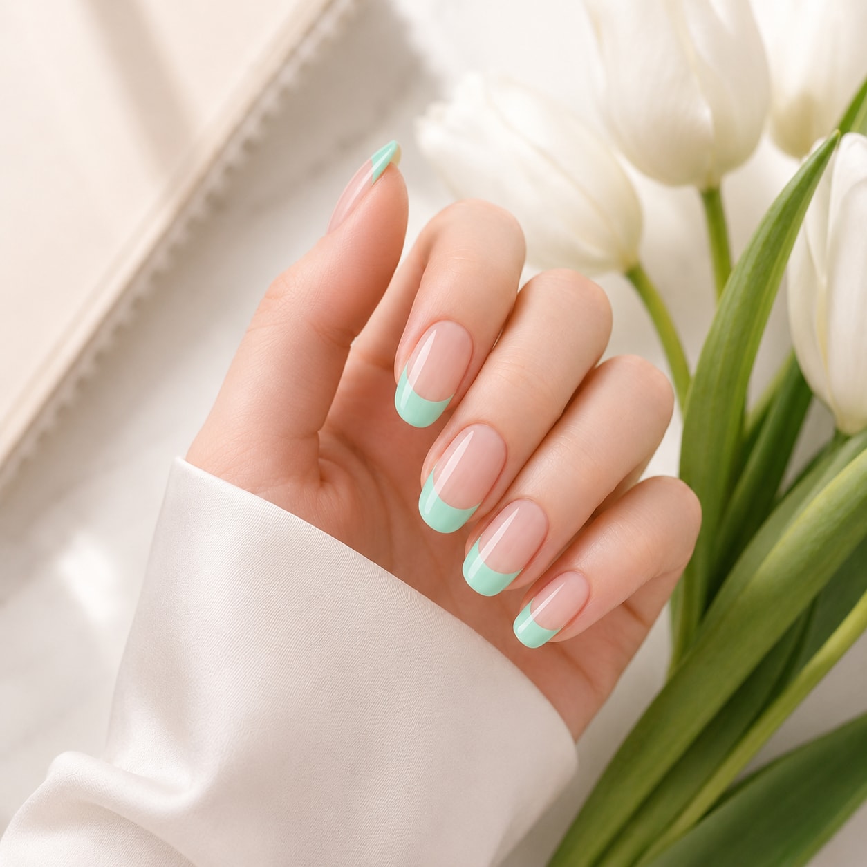 Mint Green French Tip Semi-Cured Gel Nail Strips - Wessiny product image 3