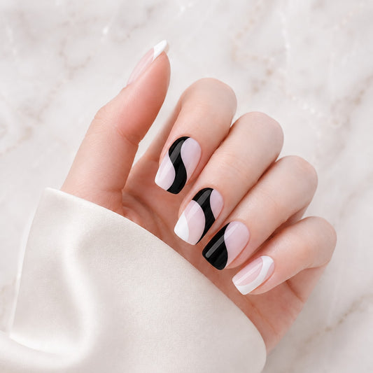 Black White Wave Art Semi-Cured Gel Nail Strips - Wessiny product image 1