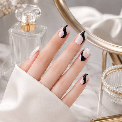 Black White Wave Art Semi-Cured Gel Nail Strips - Wessiny product image 4