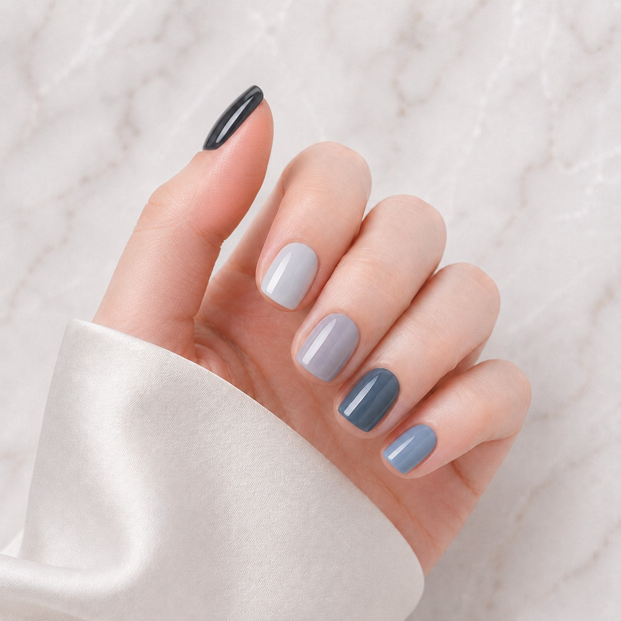 Smoky Blue Grey Mix Semi-Cured Gel Nail Strips - Wessiny product image 1