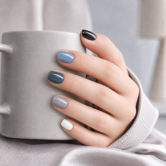 Smoky Blue Grey Mix Semi-Cured Gel Nail Strips - Wessiny product image 2