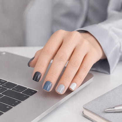Smoky Blue Grey Mix Semi-Cured Gel Nail Strips - Wessiny product image 3