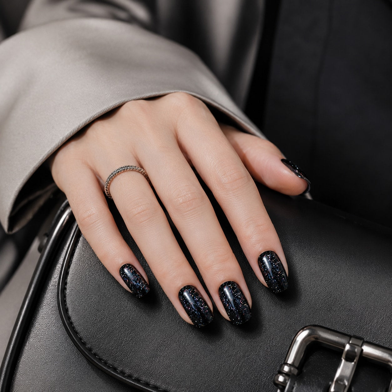 Midnight Black Glitter Semi-Cured Gel Nail Strips - Wessiny product image 3