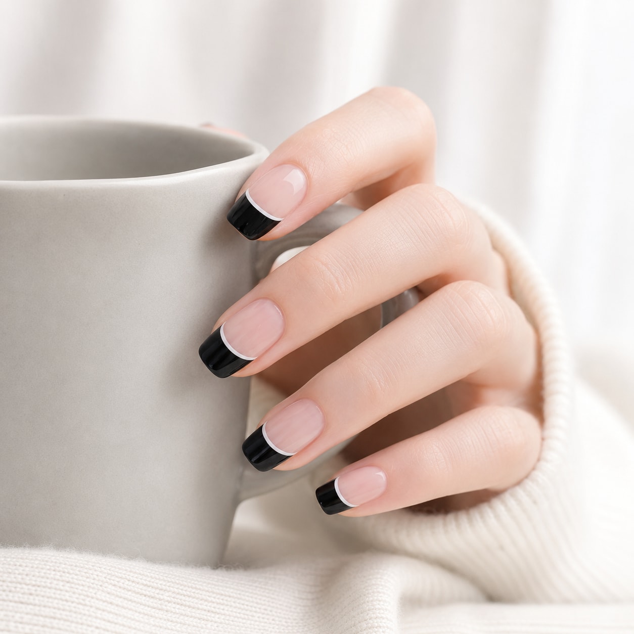 Black Square French Tip Semi-Cured Gel Nail Strips - Wessiny product image 2