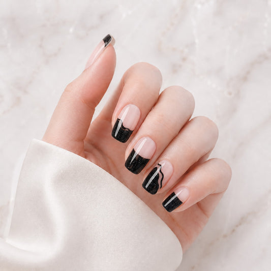 Black French Swirl Accent Semi-Cured Gel Nail Strips - Wessiny product image 1
