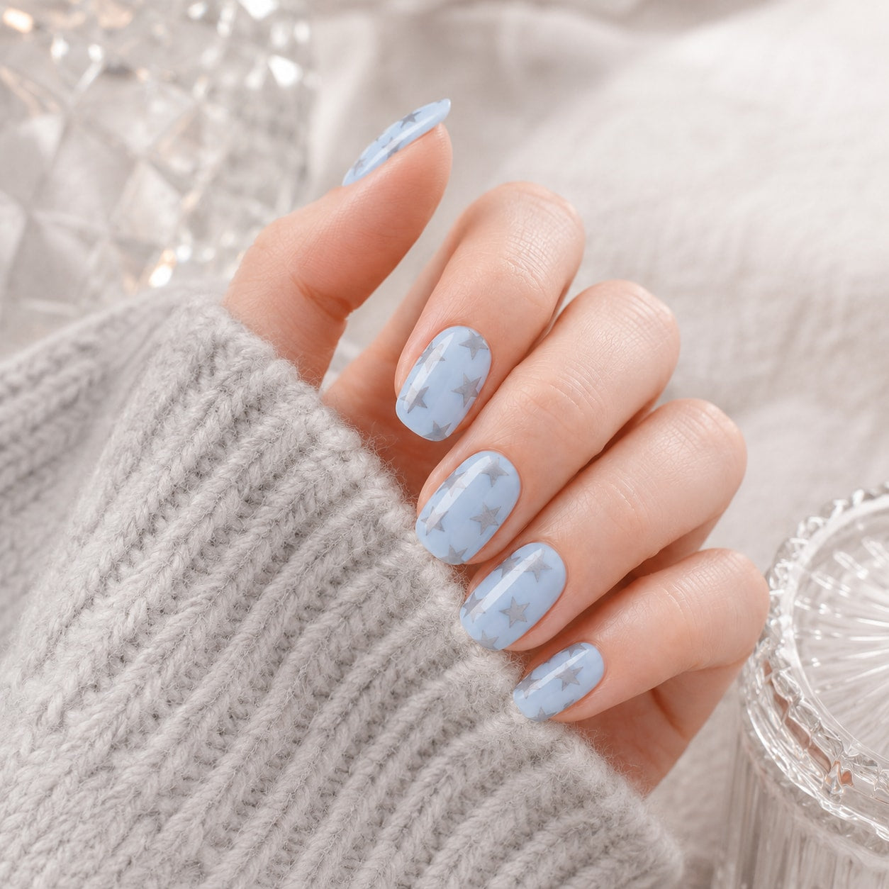 Sky Blue Floral Stone Semi-Cured Gel Nail Strips - Wessiny product image 3
