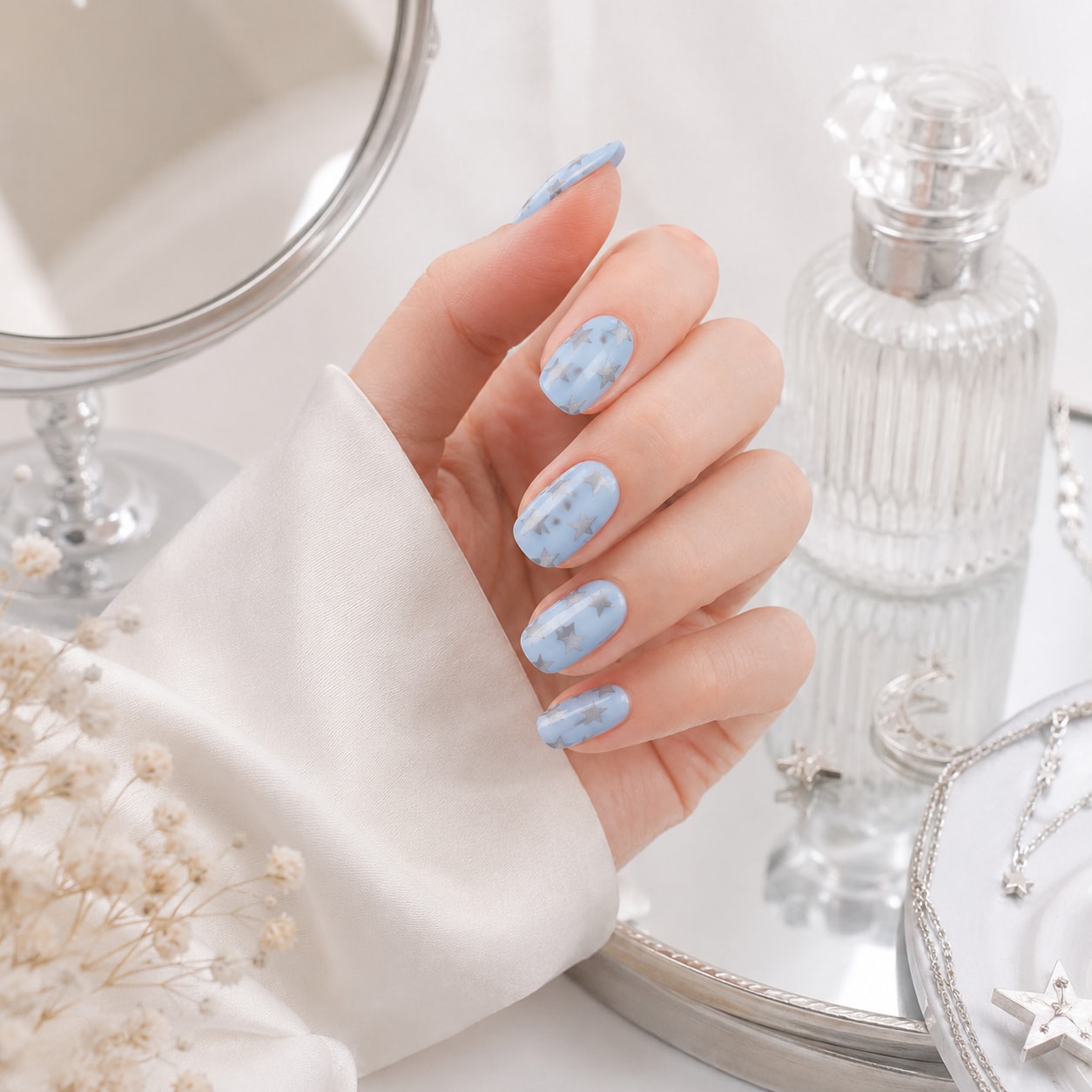 Sky Blue Floral Stone Semi-Cured Gel Nail Strips - Wessiny product image 4