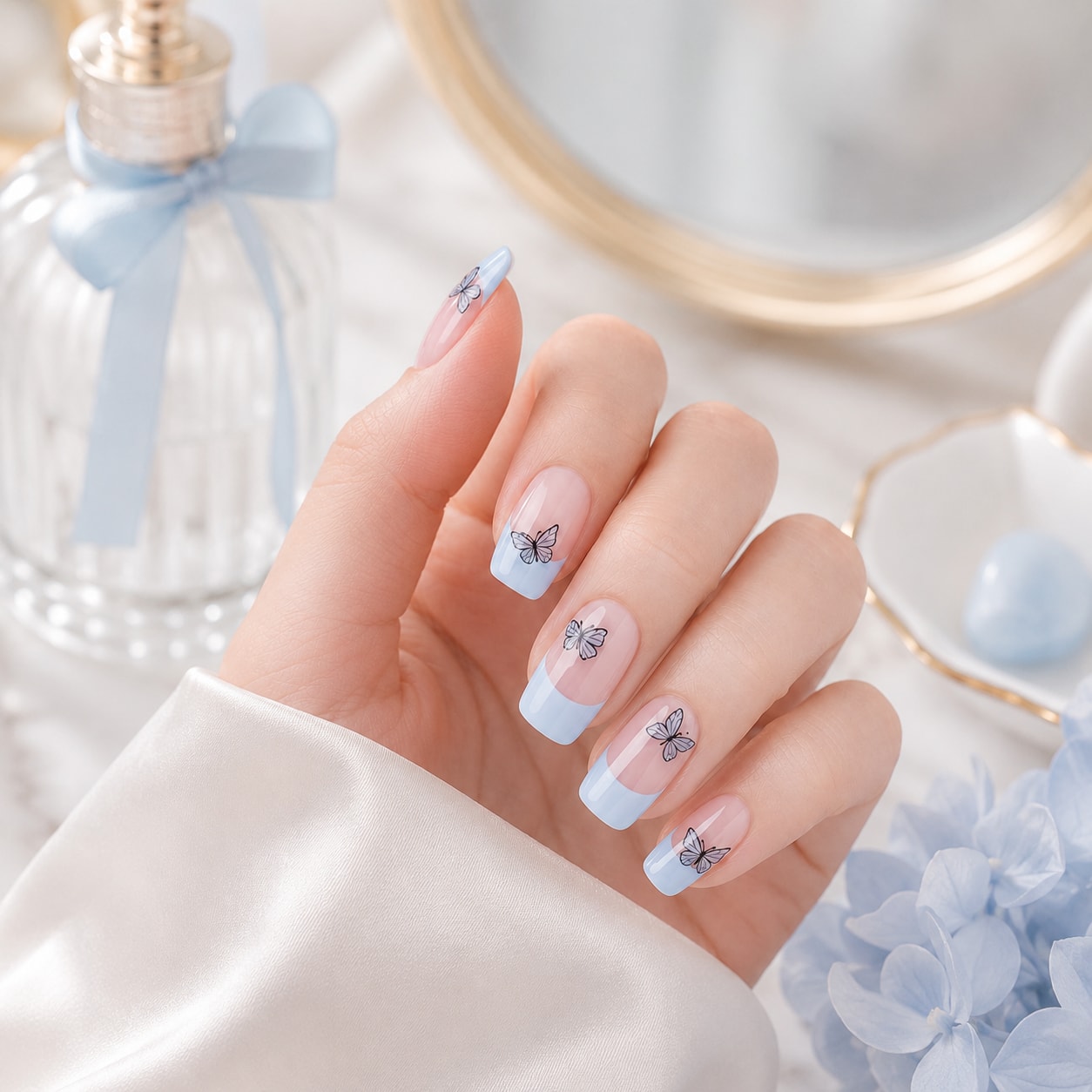 Pale Blue Charm Accent Semi-Cured Gel Nail Strips - Wessiny product image 3