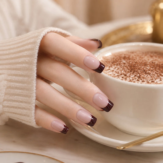 Chocolate Brown French Tip Semi-Cured Gel Nail Strips - Wessiny product image 2