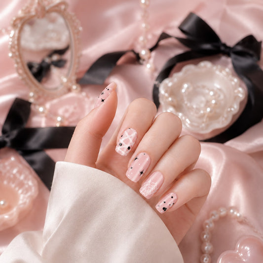Blush Black Polka Dot Semi-Cured Gel Nail Strips - Wessiny product image 2