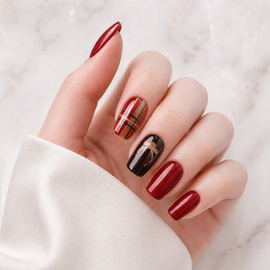 Red Plaid Black Mix Semi-Cured Gel Nail Strips - Wessiny product image 1