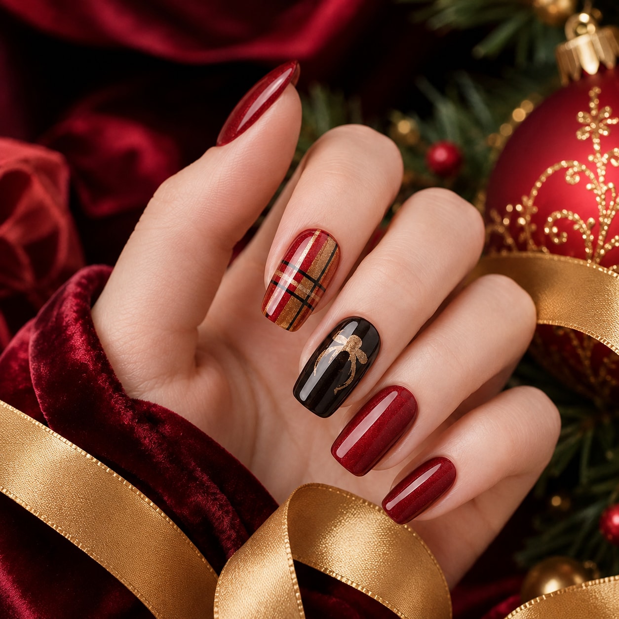 Red Plaid Black Mix Semi-Cured Gel Nail Strips - Wessiny product image 3