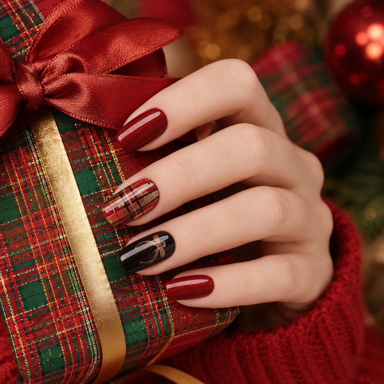 Red Plaid Black Mix Semi-Cured Gel Nail Strips - Wessiny product image 4